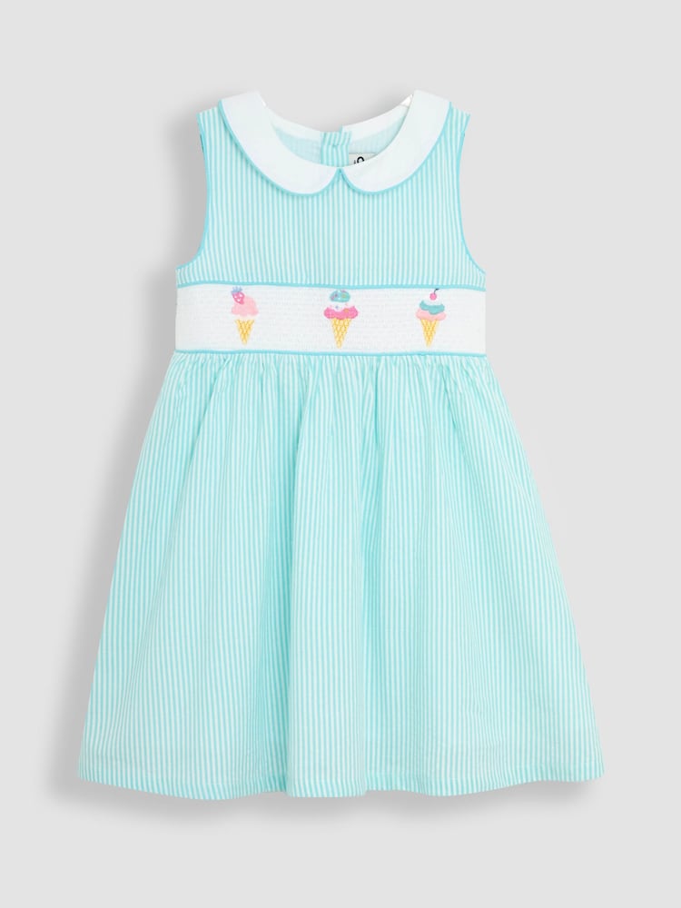 JoJo Maman Bébé Blue Ice Cream Seersucker Stripe Smocked Dress - Image 1 of 3