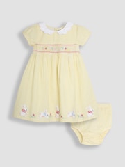 JoJo Maman Bébé Yellow Bunny Seersucker Appliqué Smocked Dress - Image 1 of 5