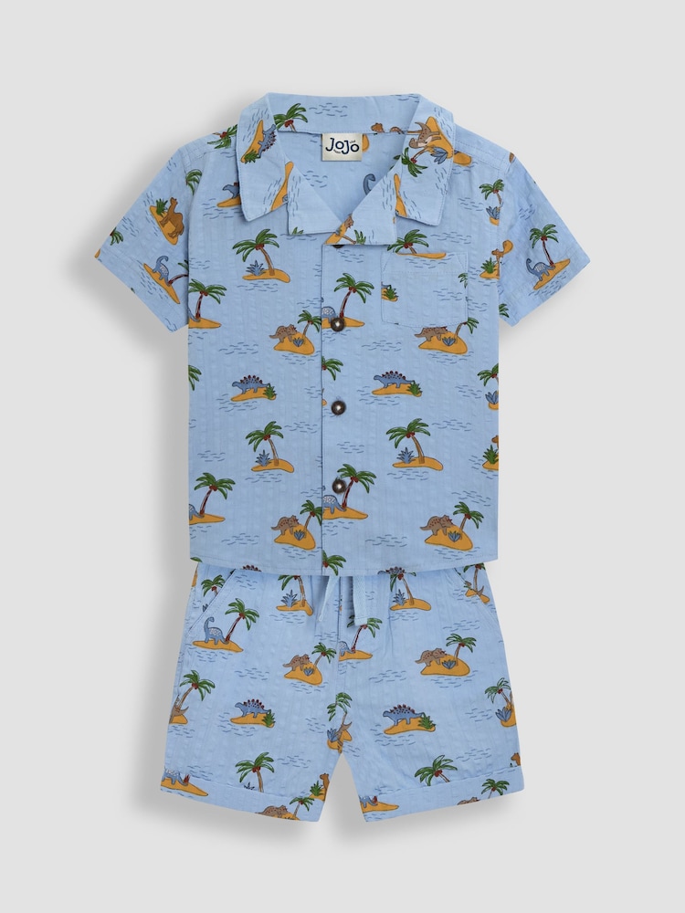 JoJo Maman Bébé Blue Dino Island 2-Piece Printed Shirt & Shorts Set - Image 1 of 6