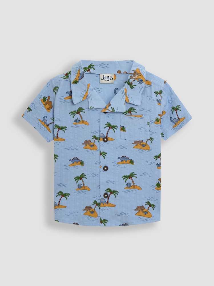 JoJo Maman Bébé Blue Dino Island 2-Piece Printed Shirt & Shorts Set - Image 2 of 6
