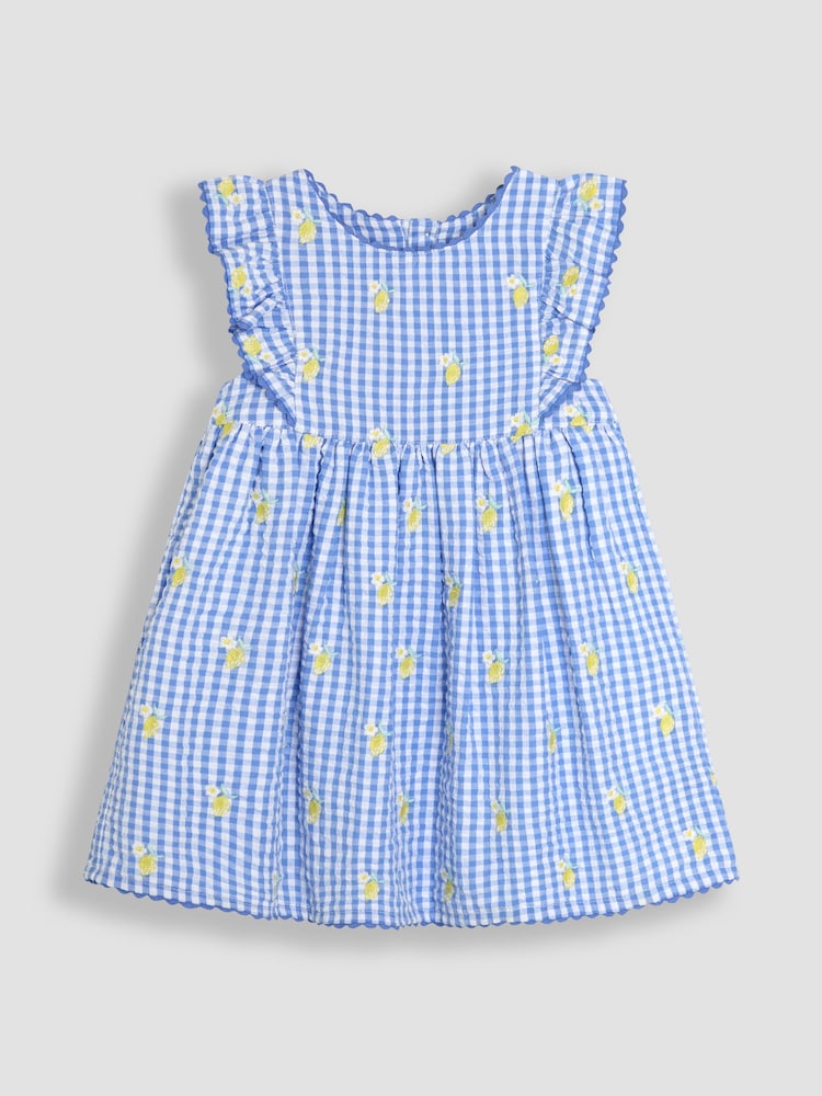 JoJo Maman Bébé Blue Lemon Embroidered Pretty Summer Dress - Image 1 of 3