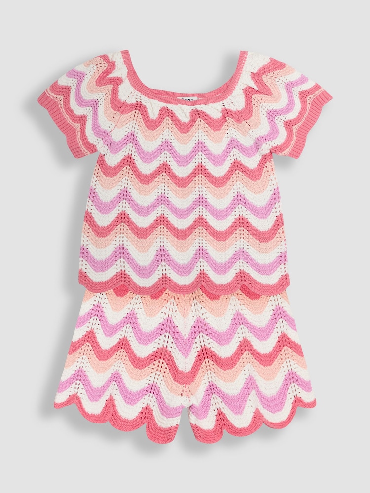 JoJo Maman Bébé Pink 100% Cotton 2-Piece Chevron Crochet Top & Shorts Set - Image 1 of 4