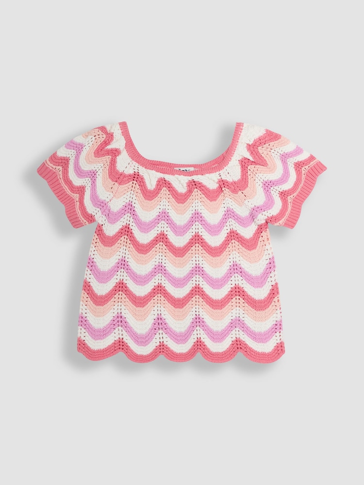 JoJo Maman Bébé Pink 100% Cotton 2-Piece Chevron Crochet Top & Shorts Set - Image 2 of 4