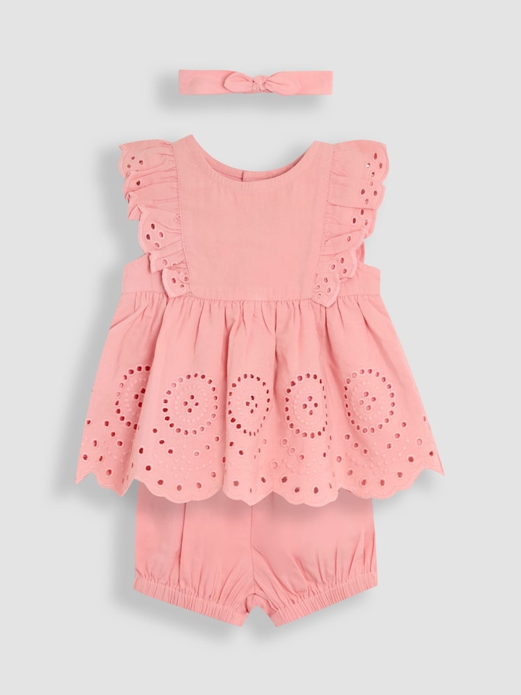 Jojo Maman Bébé – Kleid mit Rüschenärmeln und Lochstickerei aus 100 % Baumwolle mit Pumphose und Stirnband im 3-teiligen Set - Bild 1 von 6 Jojo Maman Bébé – Kleid mit Rüschenärmeln und Lochstickerei aus 100 % Baumwolle mit Pumphose und Stirnband im 3-teiligen Set - Bild 1 von 6