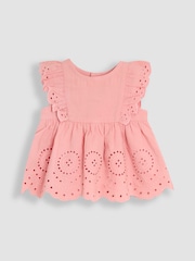 JoJo Maman Bébé Pink Broderie Ruffle Sleeve Dress 100% Cotton Bloomers and Headband Set 3 Piece - Image 2 of 6