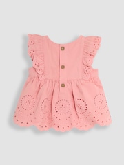 JoJo Maman Bébé Pink Broderie Ruffle Sleeve Dress 100% Cotton Bloomers and Headband Set 3 Piece - Image 3 of 6