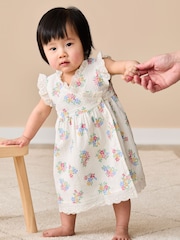 JoJo Maman Bébé White Floral Baby Broderie Trim Wrap Dress - Image 7 of 10