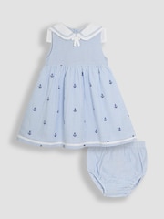 JoJo Maman Bébé Blue Nautical Embroidered Seersucker Sailor Baby Dress - Image 1 of 6