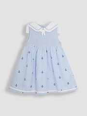 JoJo Maman Bébé Blue Nautical Embroidered Seersucker Sailor Baby Dress - Image 2 of 6
