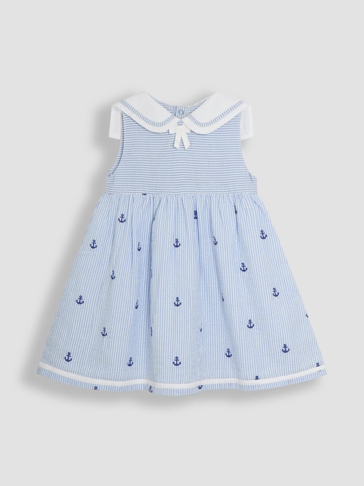 JoJo Maman Bébé Blue Nautical Embroidered Seersucker Sailor Baby Dress - Image 2 of 6