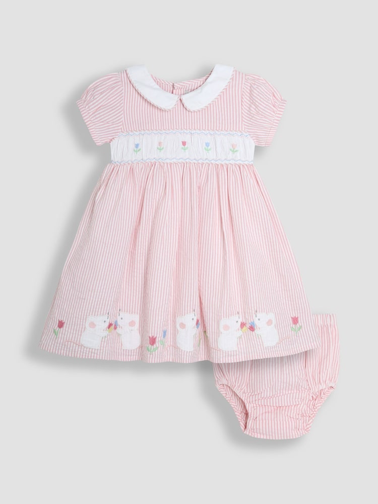 JoJo Maman Bébé Pink Mouse Seersucker Appliqué Smocked Dress - Image 1 of 5