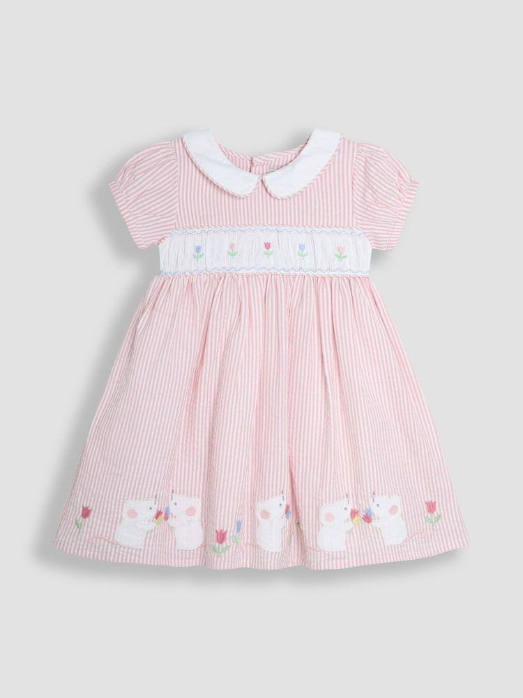 JoJo Maman Bébé Pink Mouse Seersucker Appliqué Smocked Dress - Image 2 of 5