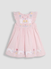 JoJo Maman Bébé Pink Bunny Appliqué Seersucker Summer 100% Cotton Dress - Image 1 of 3