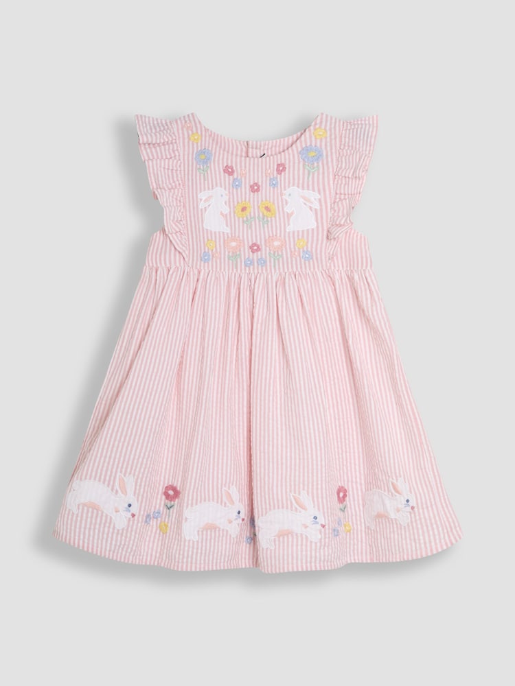 JoJo Maman Bébé Pink Bunny Appliqué Seersucker Summer 100% Cotton Dress - Image 1 of 3 JoJo Maman Bébé Pink Bunny Appliqué Seersucker Summer 100% Cotton Dress - Image 1 of 3