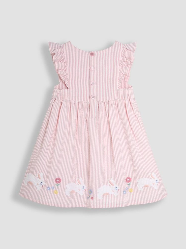 JoJo Maman Bébé Pink Bunny Appliqué Seersucker Summer 100% Cotton Dress - Image 2 of 3