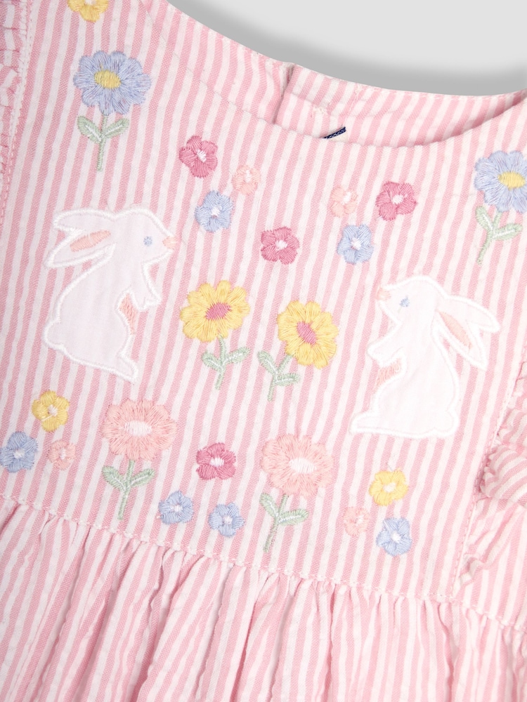 JoJo Maman Bébé Pink Bunny Appliqué Seersucker Summer 100% Cotton Dress - Image 3 of 3