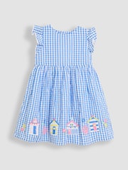 JoJo Maman Bébé Blue Beach Huts Appliqué Gingham Summer Dress - Image 1 of 3