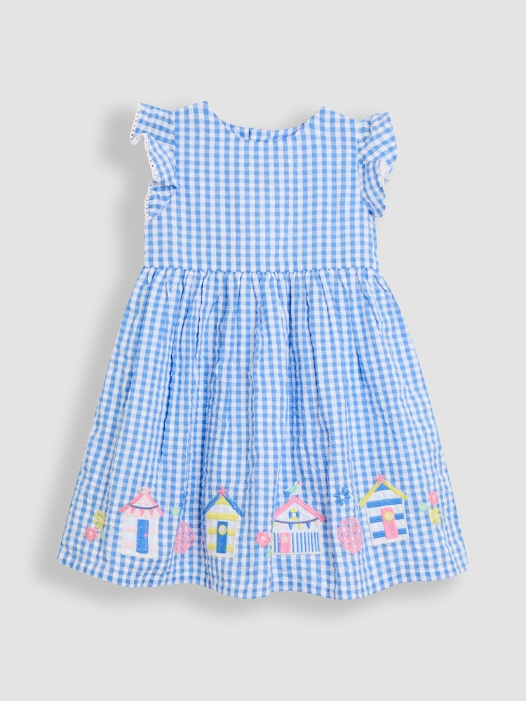 JoJo Maman Bébé Blue Beach Huts Appliqué Gingham Summer Dress - Image 1 of 3