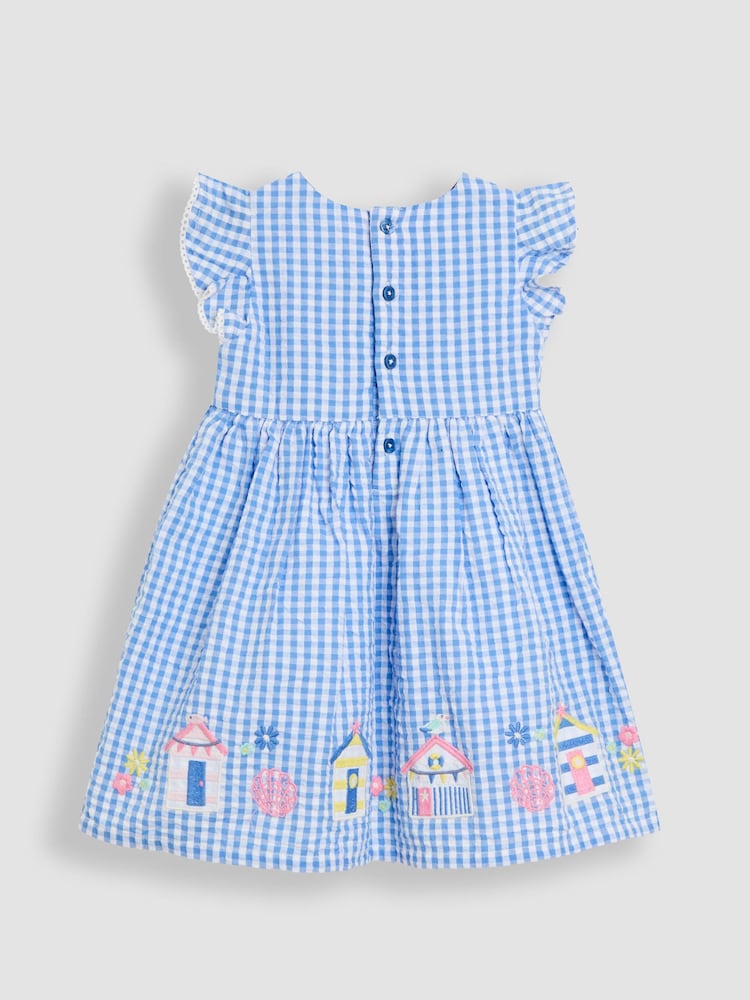 JoJo Maman Bébé Blue Beach Huts Appliqué Gingham Summer Dress - Image 2 of 3