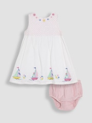 JoJo Maman Bébé White Boat Baby Appliqué 100% Cotton Dress - Image 1 of 5