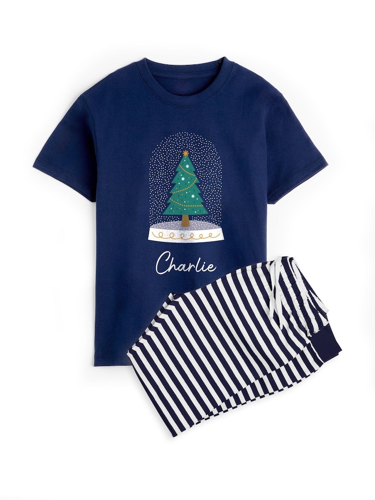 Boys Blue Personalised Christmas Snow Globe Pyjamas by Stitch Style - Image 1 of 4