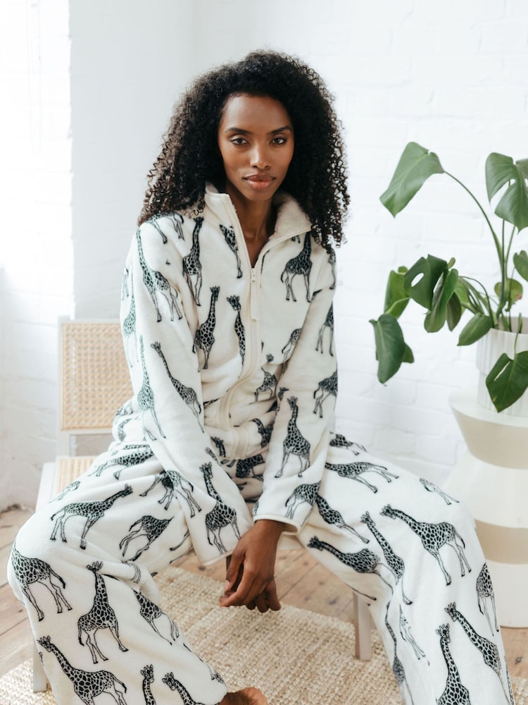 Chelsea Peers White Fleece Giraffe Print  Jacket & Joggers Set - Image 1 of 5