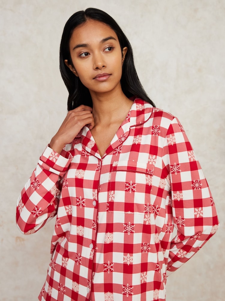 Chelsea Peers Red Christmas Snowflakes Check Long Pyjamas Set - Image 2 of 5