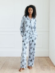 Chelsea Peers Blue Christmas Tree Print Long Pyjamas Set - Image 1 of 5