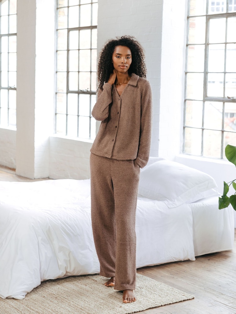 Chelsea Peers Brown Bouclé Knit Co-ord Top & Joggers Set - Image 1 of 5