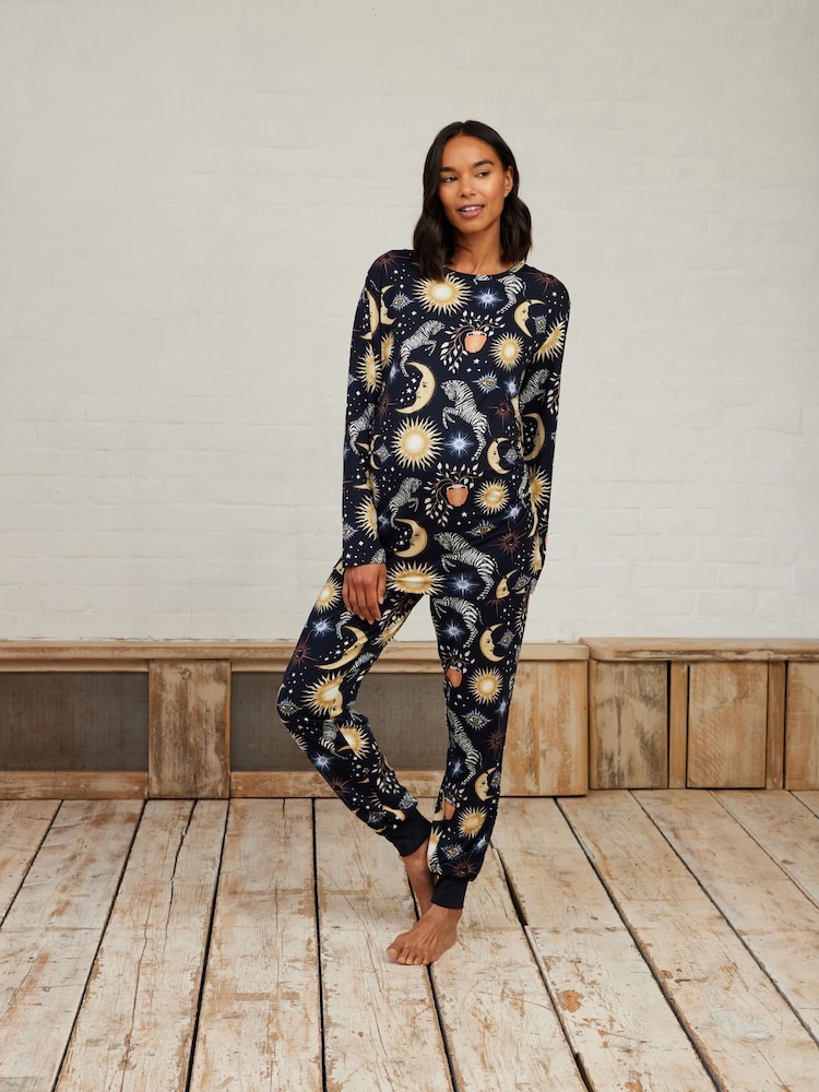 Chelsea Peers Blue Maternity Celestial Zebra Print Long Pyjamas Set - Image 1 of 5 Chelsea Peers Blue Maternity Celestial Zebra Print Long Pyjamas Set - Image 1 of 5