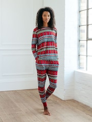 Chelsea Peers Red Christmas Nutcracker Fair Isle Print Long Pyjama Set - Image 3 of 5