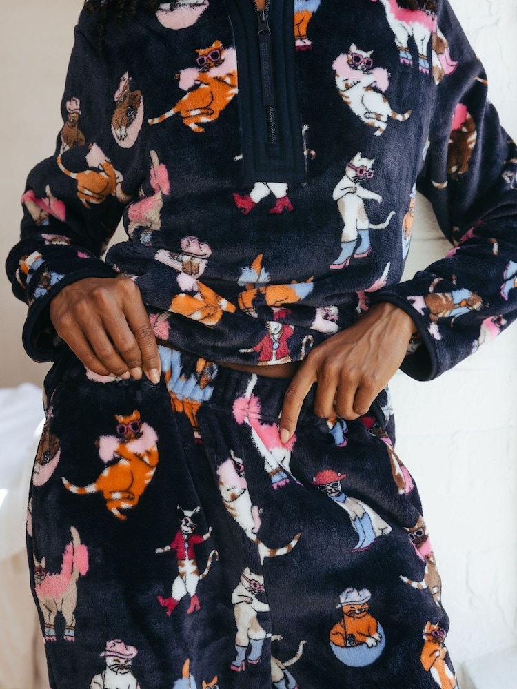 Chelsea Peers Blue Fleece Disco Cats Print  Sweatshirt & Joggers Set - Image 5 of 5