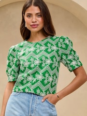 Lipsy Green Broderie Floral Puff Sleeve T-Shirt - Image 1 of 4