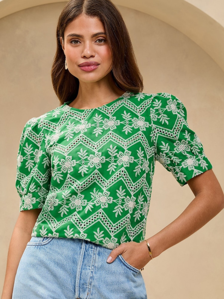Lipsy Green Broderie Floral Puff Sleeve T-Shirt - Image 1 of 4