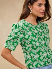 Lipsy Green Broderie Floral Puff Sleeve T-Shirt - Image 2 of 4
