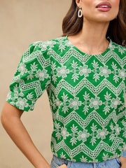 Lipsy Green Broderie Floral Puff Sleeve T-Shirt - Image 3 of 4