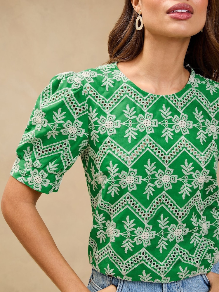 Lipsy Green Broderie Floral Puff Sleeve T-Shirt - Image 3 of 4