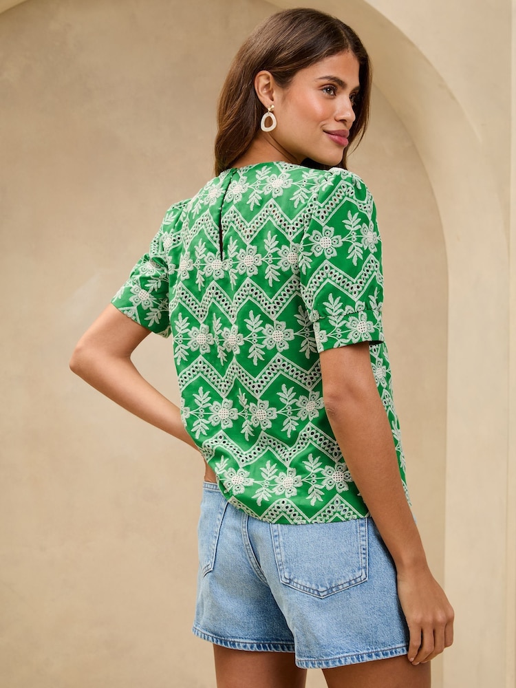 Lipsy Green Broderie Floral Puff Sleeve T-Shirt - Image 4 of 4 Lipsy Green Broderie Floral Puff Sleeve T-Shirt - Image 4 of 4