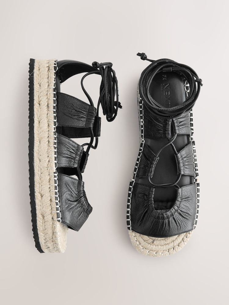 Black Leather Lace-Up Espadrille Flatform Sandals - Image 1 of 6
