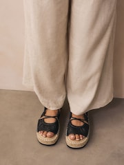 Black Leather Lace-Up Espadrille Flatform Sandals - Image 2 of 6