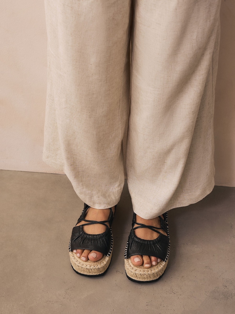 Black Leather Lace-Up Espadrille Flatform Sandals - Image 2 of 6