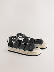 Black Leather Lace-Up Espadrille Flatform Sandals - Image 3 of 6