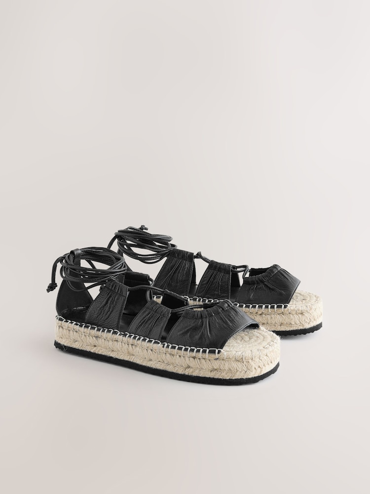 Black Leather Lace-Up Espadrille Flatform Sandals - Image 3 of 6