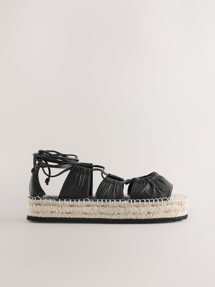 Black Leather Lace-Up Espadrille Flatform Sandals - Image 4 of 6
