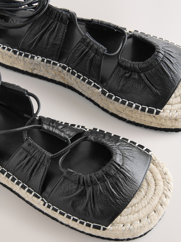 Black Leather Lace-Up Espadrille Flatform Sandals - Image 5 of 6