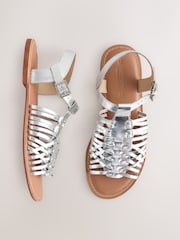 Silver Leather Standard Fit Forever Comfort® Woven Strappy Sandals - Image 1 of 5