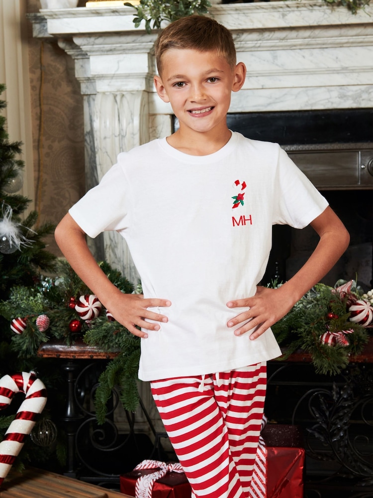 Boys Personalised Christmas Candy Cane White Pyjamas by Stitch Style - Image 1 of 6