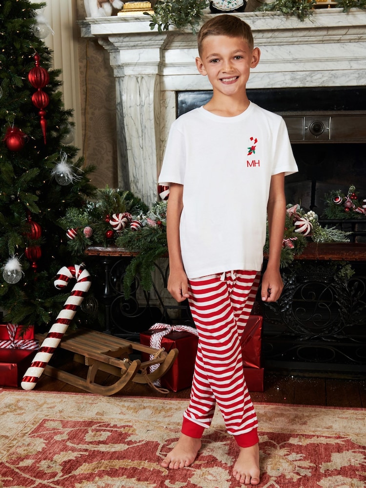 Boys Personalised Christmas Candy Cane White Pyjamas by Stitch Style - Image 2 of 6