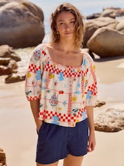 Ecru, Tischdecke mit Print - Volumen-Halbarm-Jerseybluse aus 100 % Baumwolle - Bild 1 von 7