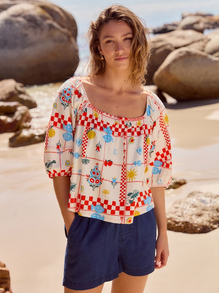 Ecru, Tischdecke mit Print - Volumen-Halbarm-Jerseybluse aus 100 % Baumwolle - Bild 1 von 7